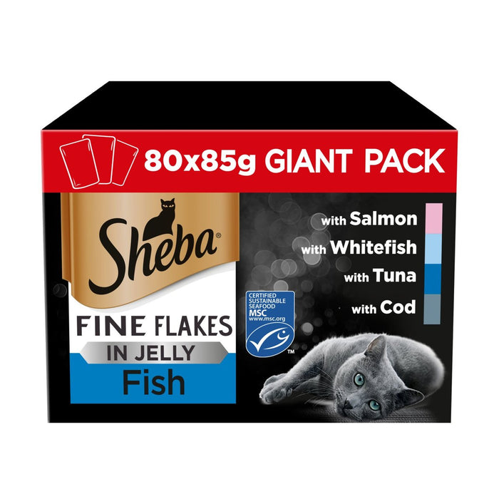 Sheba Fine Flocken Katzenfutterbeutel Fisch in Gelee Riesenpackung 80 x 85g